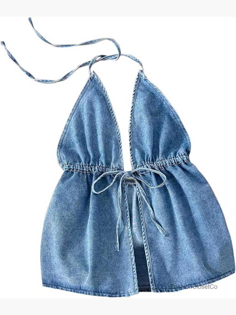 Sleeveless Self Tie Peplum Denim Crop Tank Top